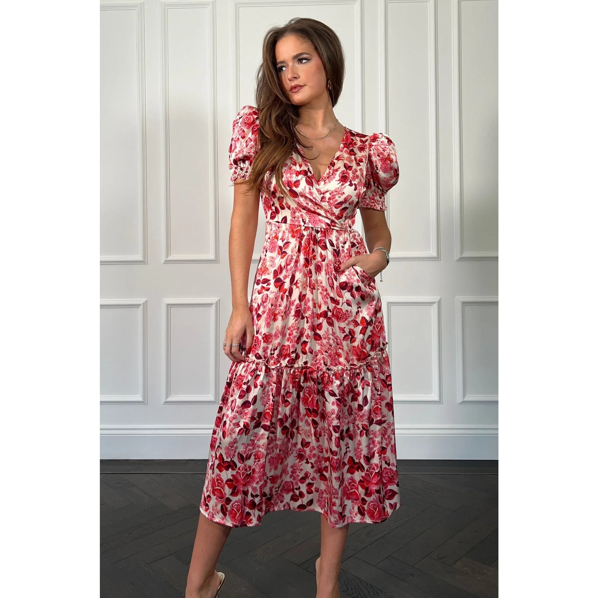 Pretty Pink Floral Tiered Wrap Midi Dress With Pockets