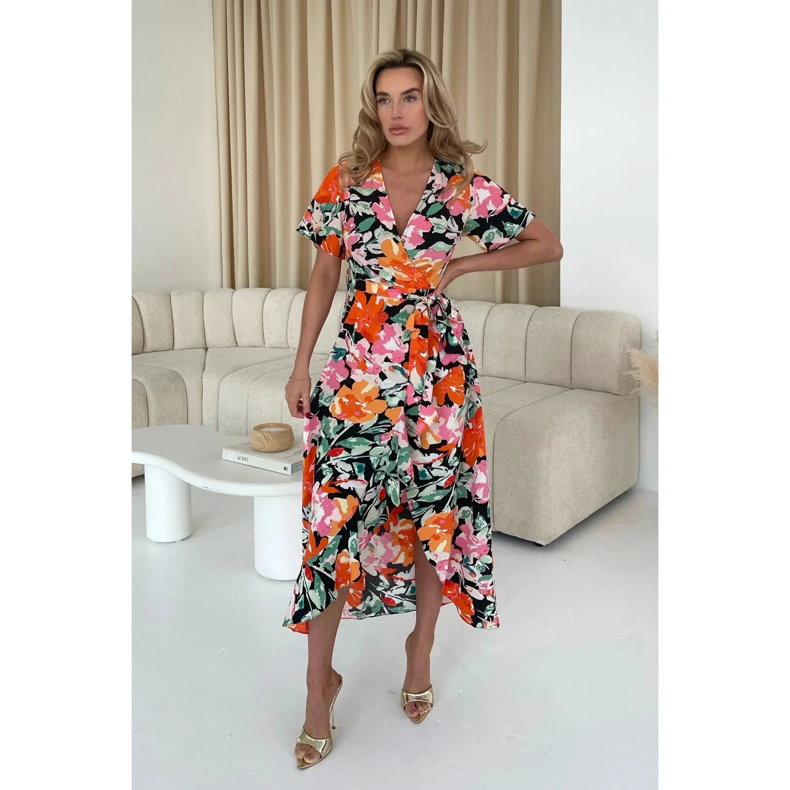 Boutique floral split sleeve wrap dress clearance