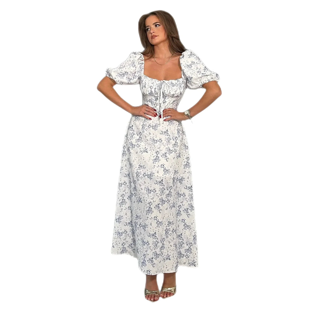 White & Blue Floral Print Midi Dress With Tie Top