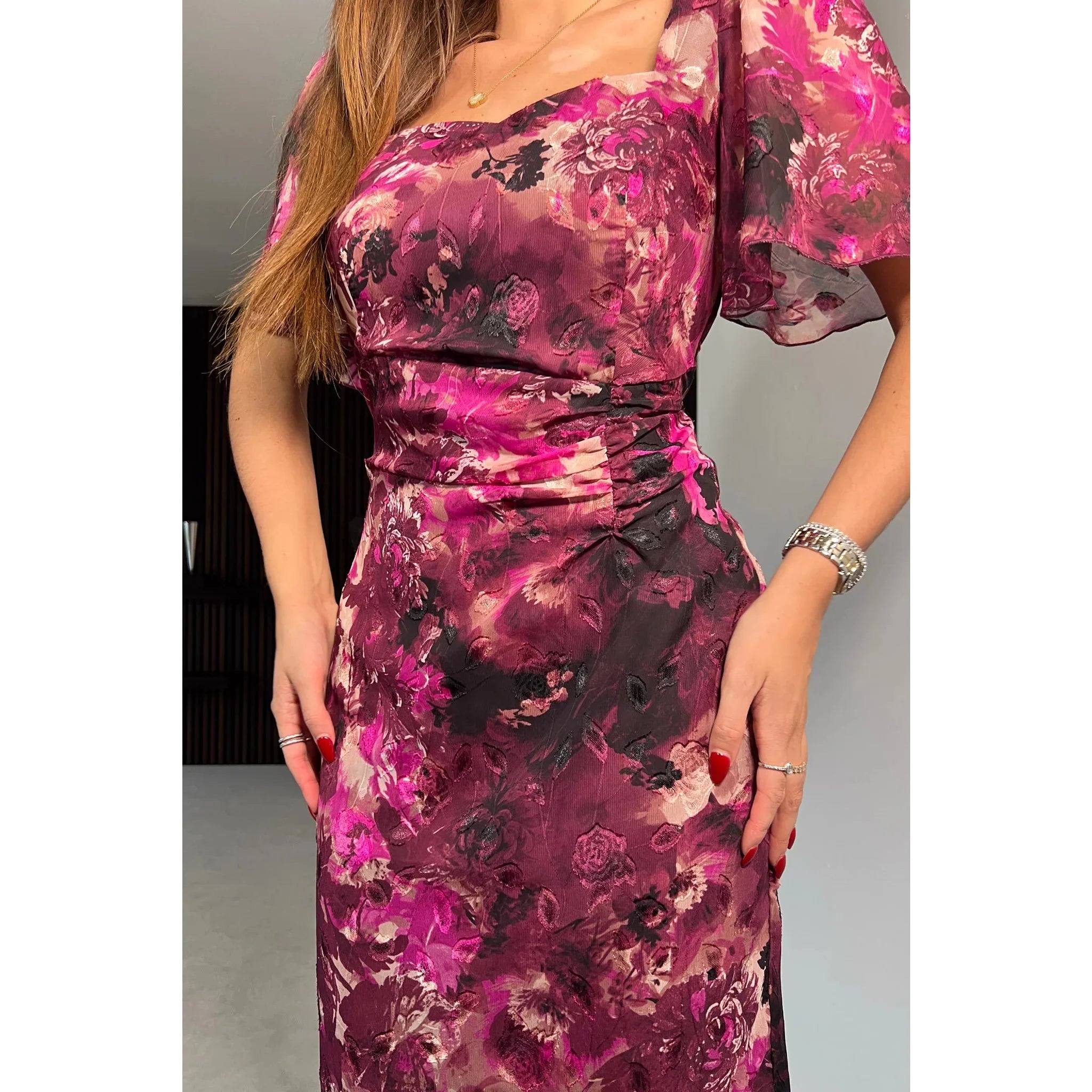 Purple Floral Ruched Waist Midi Dress
