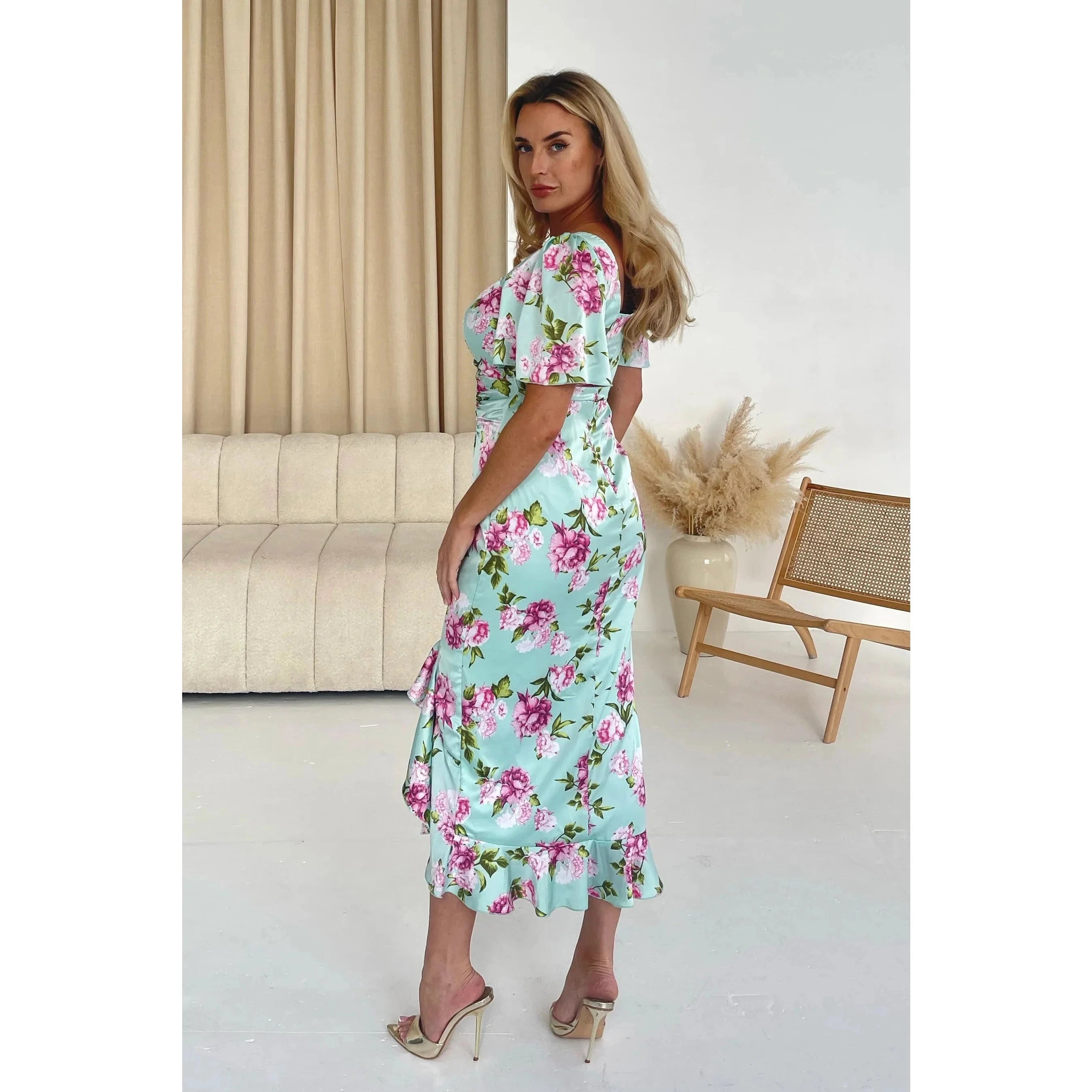 Mint Green and Pink Floral Satin Ruched Midi dress with Sweetheart neckline