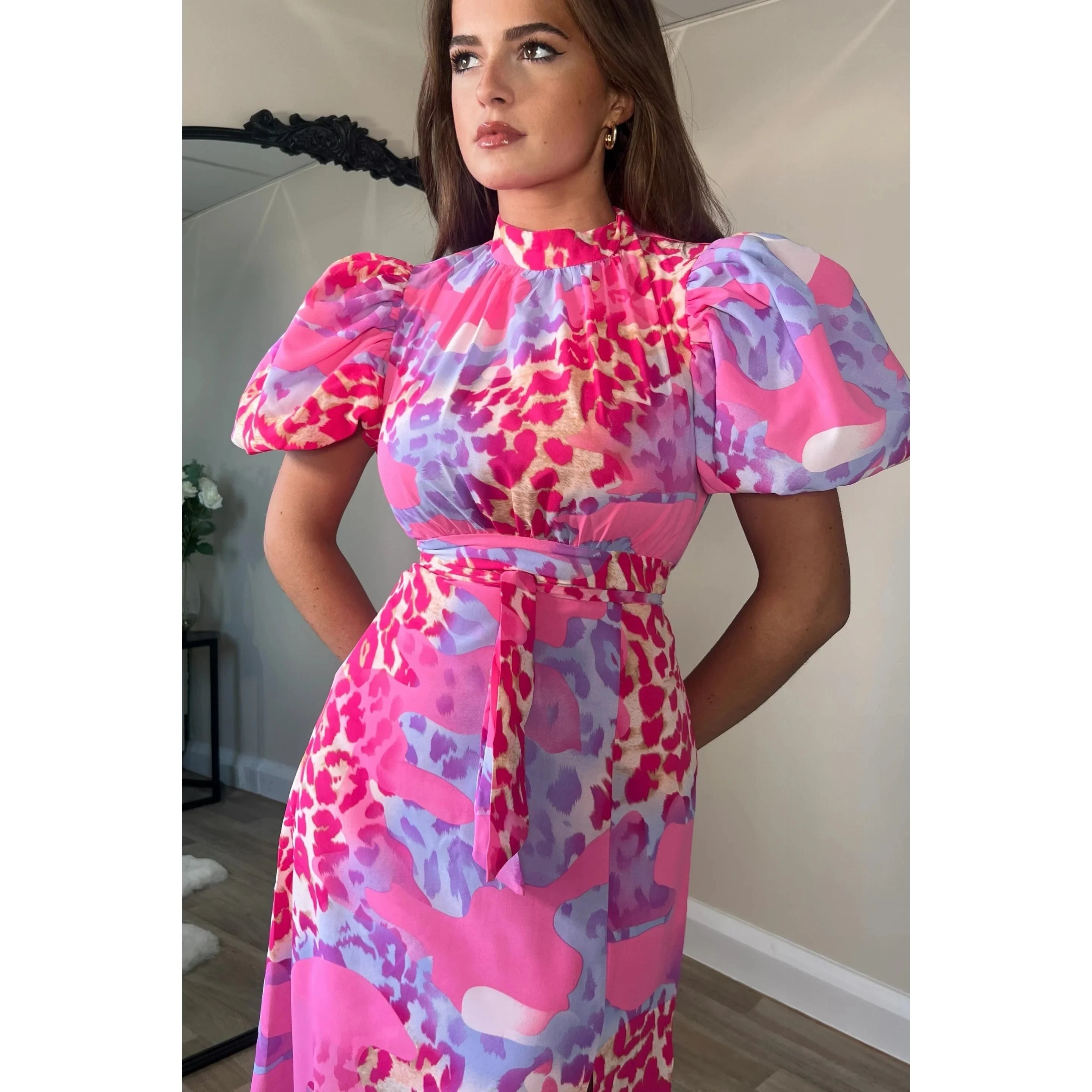 Pink & Blue Animal Print Puff Sleeve High Neck Midi Dress