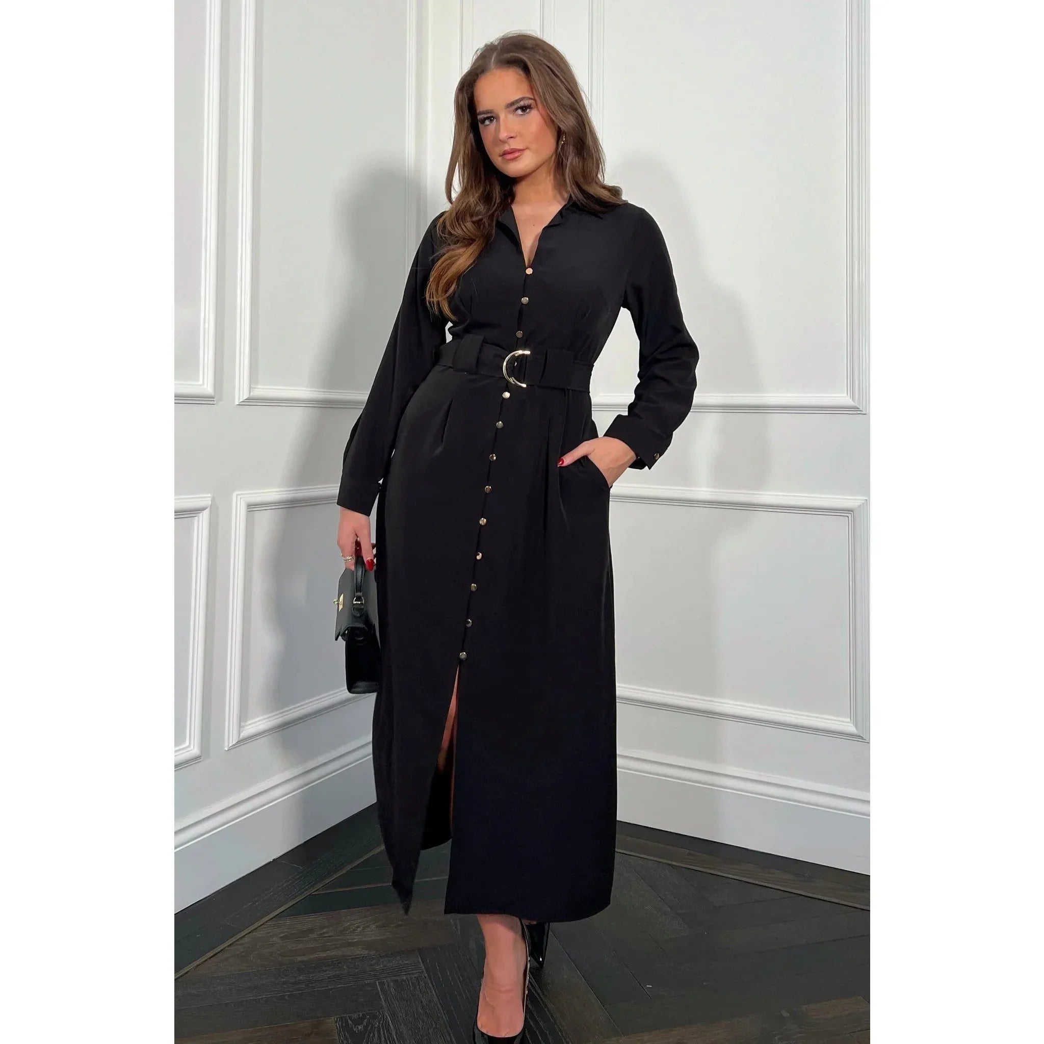 Black Buckle Detail Long Sleeve Midi Shirt Dress Pretty Kitty Fashion