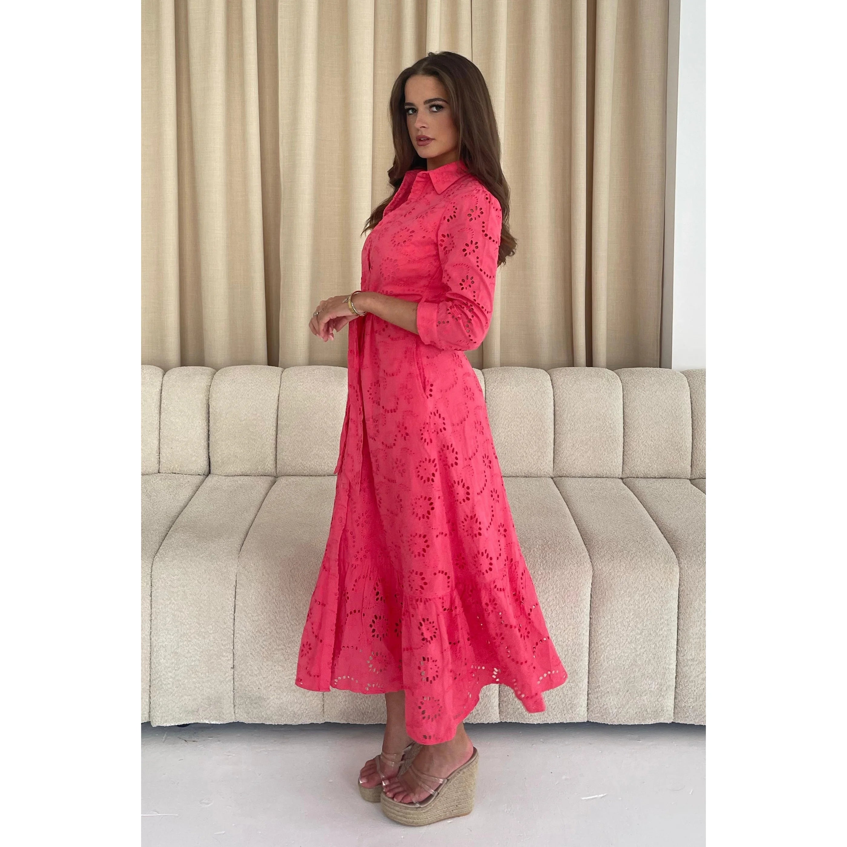 Coral Pink Broderie Anglaise Long Shirt Dress with Pockets