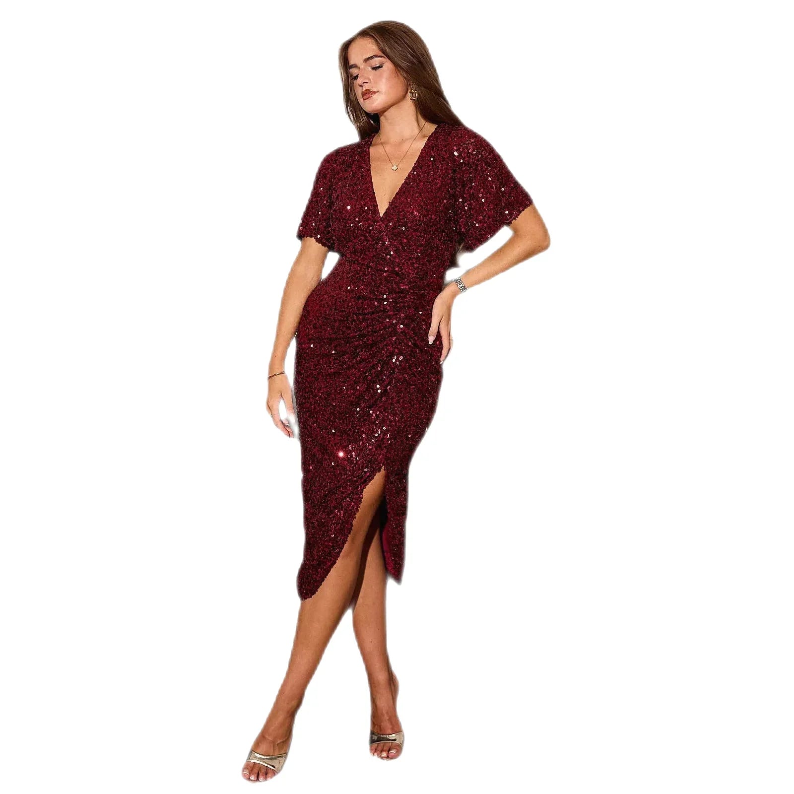 midi sequin dresses uk Claret Wine Sequin Wrap Top Midi Dress – Pretty Kitty Fashion