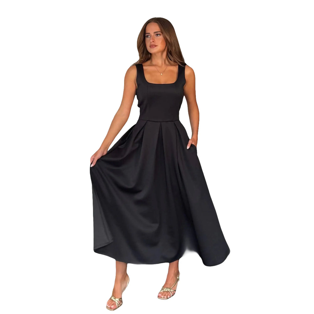 Black Square Neck Pleated Midi Dress With Pockets