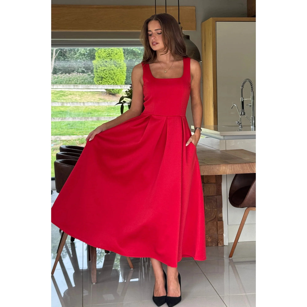 Red Square Neck Pleated Midi Dress With Pockets