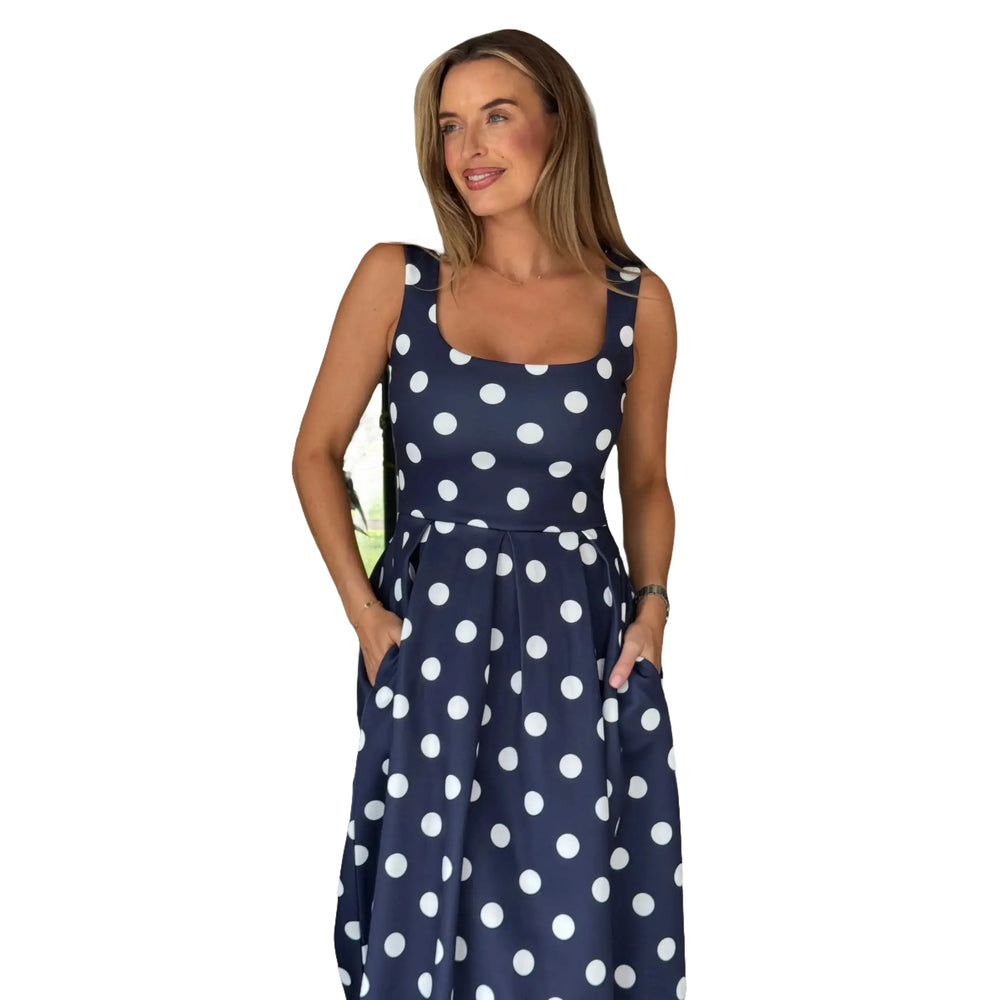 Navy Polka Dot Square Neck Pleated Midi Dress With Pockets