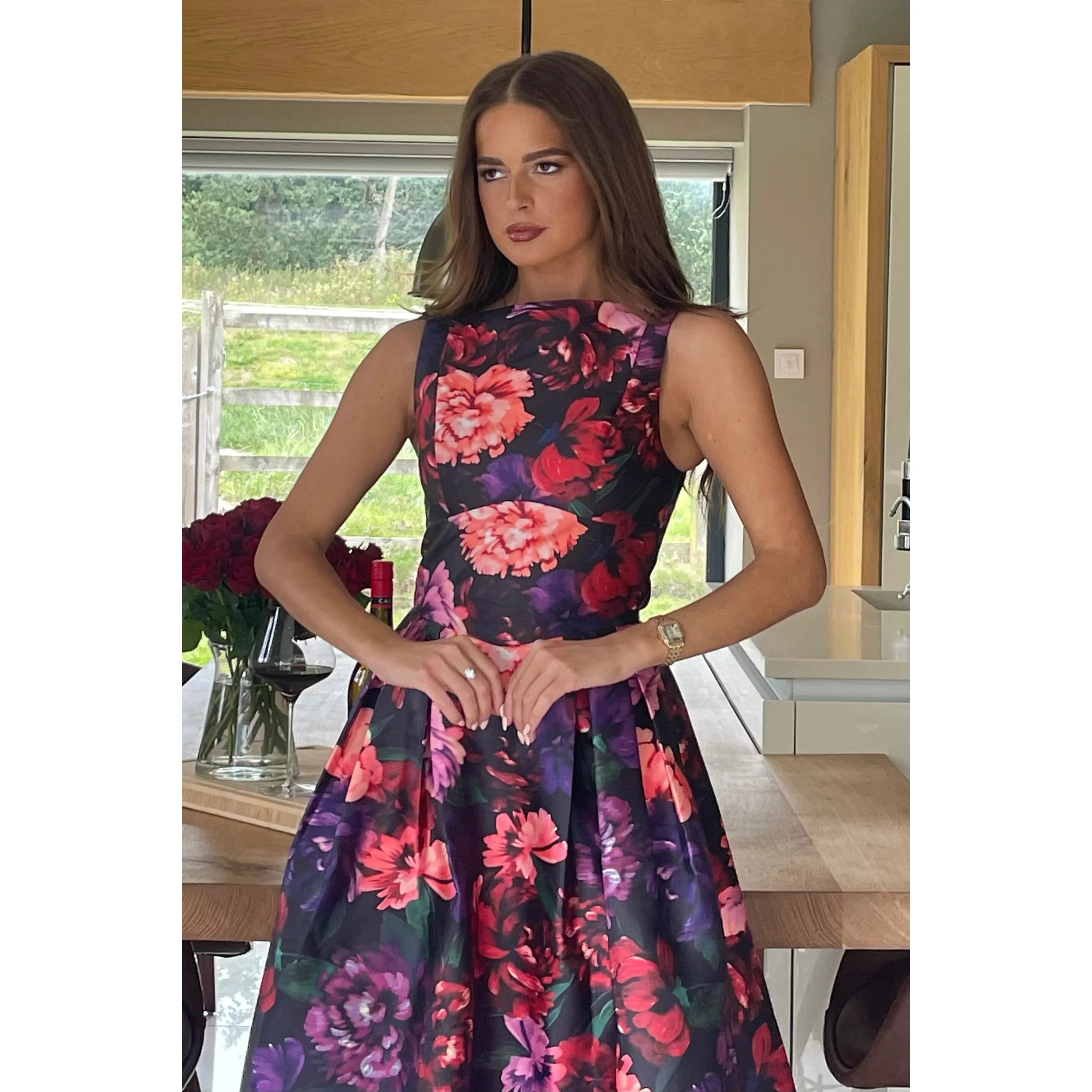 Black Multi Floral Sleeveless Boat Neck Pleated Midi Dress With Pockets