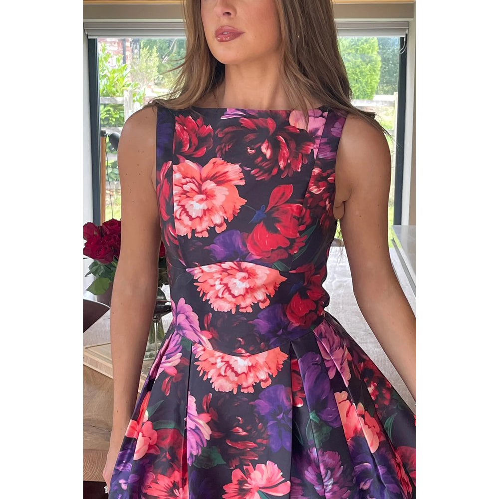 Black Multi Floral Sleeveless Boat Neck Pleated Midi Dress With Pockets