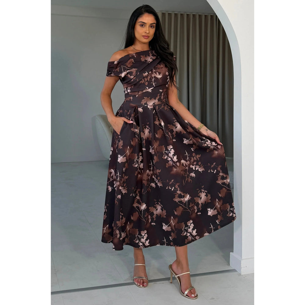 Asymmetric Off Shoulder Autumn Brown Floral Midi Dress With Pockets