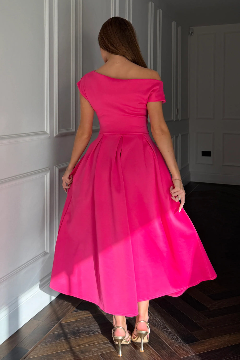 Asymmetric Off Shoulder Hot Pink Midi Dress With Pockets