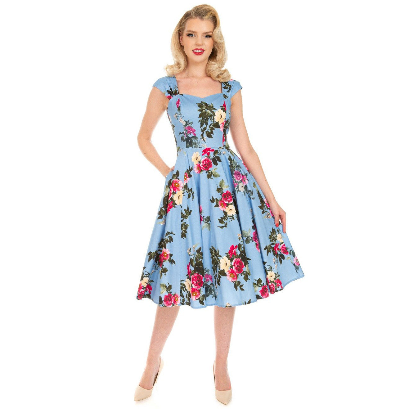 Sky Blue Floral Print Sweetheart Neckline Rockabilly 50s Swing Dress w Pretty Kitty Fashion Sky Blue Floral Print Sweetheart Neckline Rockabilly 50s Swing Dress w Pretty Kitty Fashion
