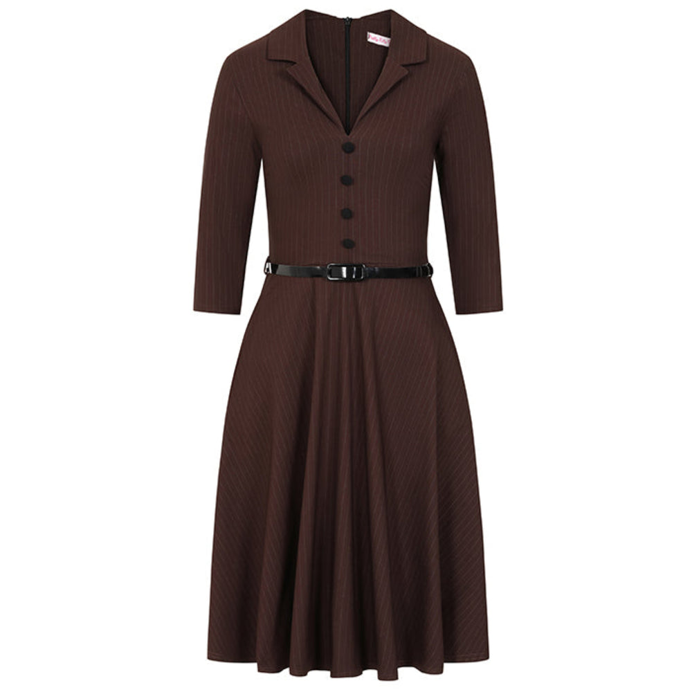 Chocolate Brown Pinstripe Office Work Belted Swing Dress