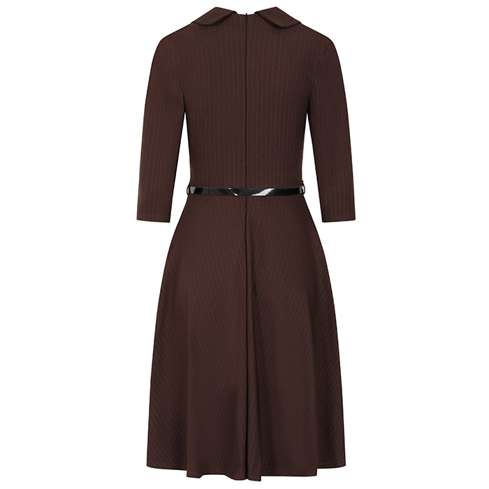 Chocolate Brown Pinstripe Office Work Belted Swing Dress