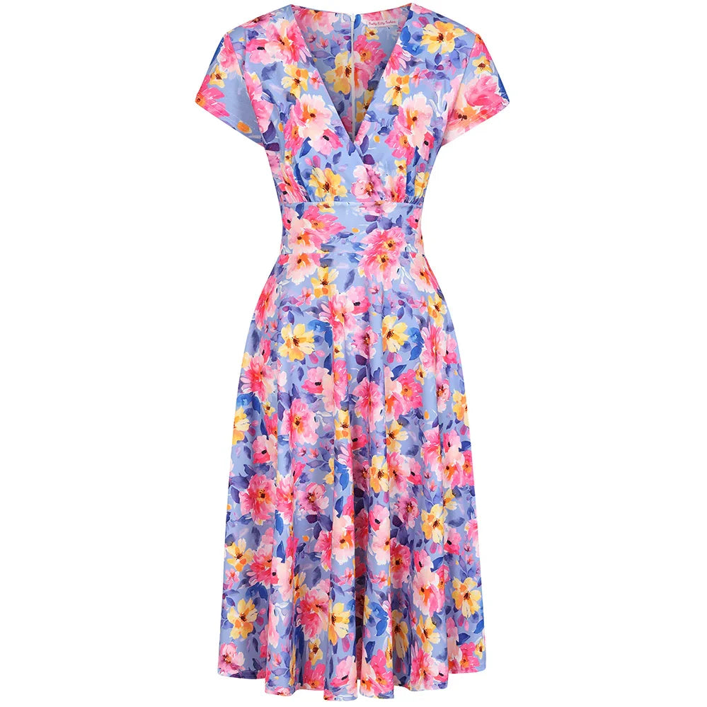 Blue With Pink And Yellow Flowers Floral Wrap Top A Line Swing Tea Dress With Cap Sleeves