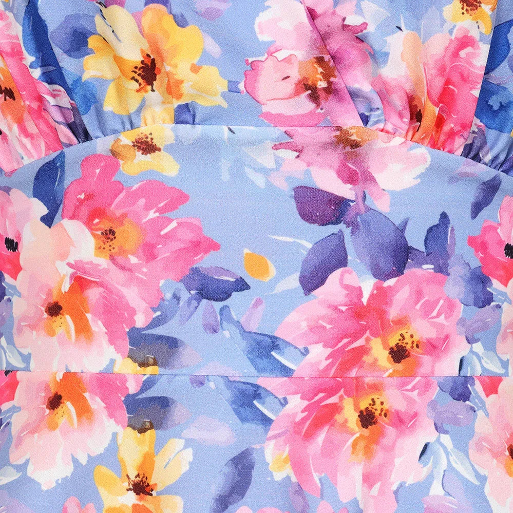 Blue With Pink And Yellow Flowers Floral Wrap Top A Line Swing Tea Dress With Cap Sleeves
