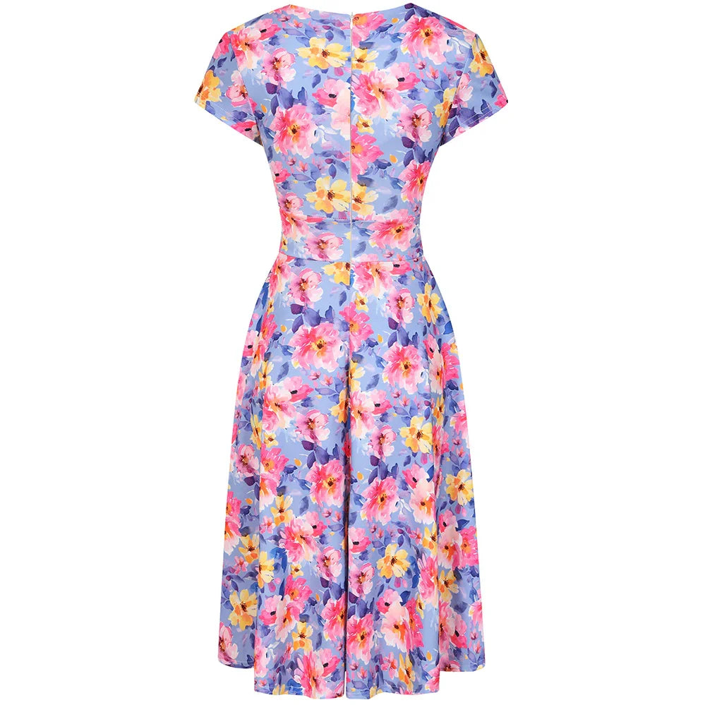 Blue With Pink And Yellow Flowers Floral Wrap Top A Line Swing Tea Dress With Cap Sleeves