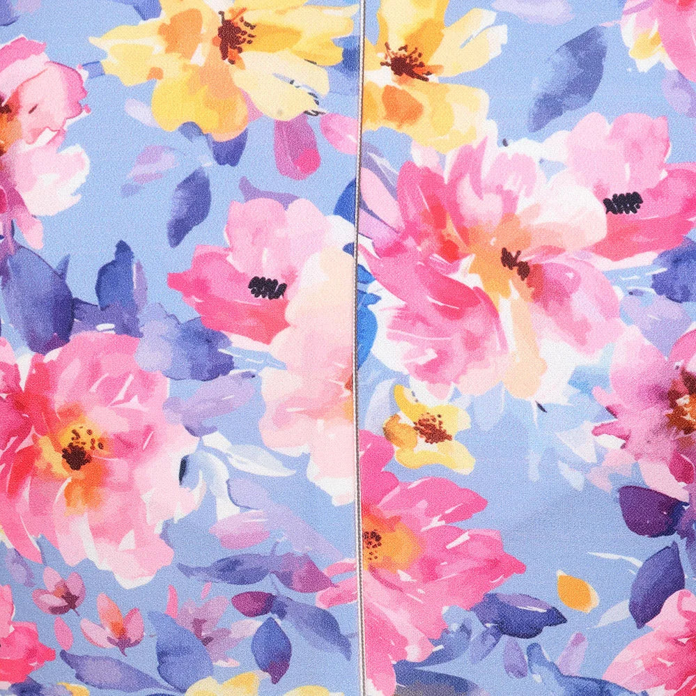 Blue With Pink And Yellow Flowers Floral Wrap Top A Line Swing Tea Dress With Cap Sleeves