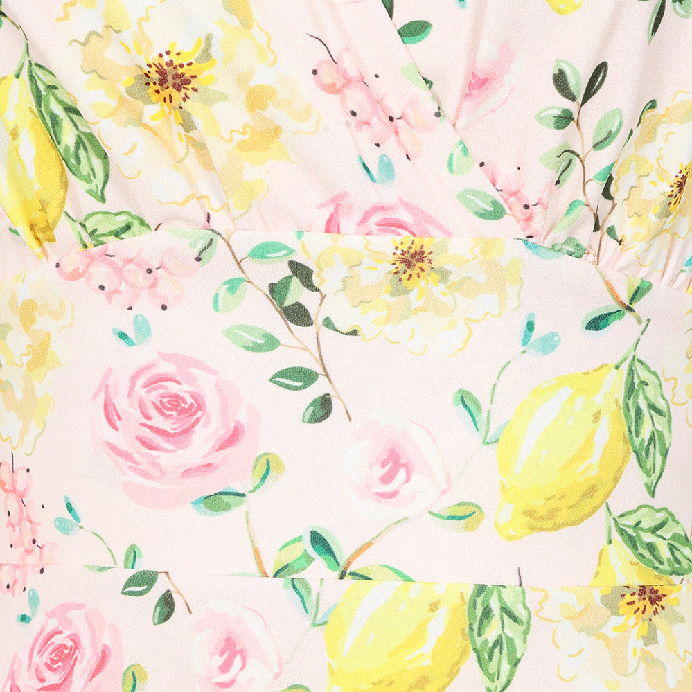 Pink Rose And Lemons Floral Wrap Top A Line Swing Tea Dress With Cap Sleeves - Pretty Kitty Fashion