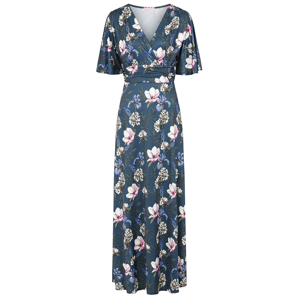 Navy Blue Floral Print Waterfall Sleeve Maxi Dress