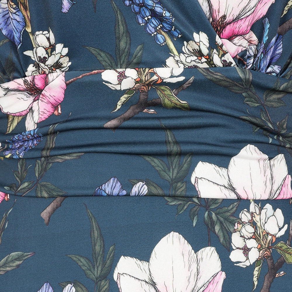 Navy Blue Floral Print Waterfall Sleeve Maxi Dress