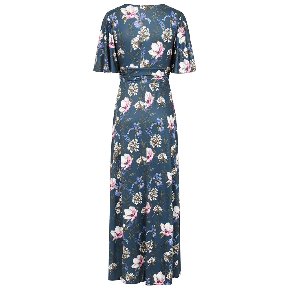 Navy Blue Floral Print Waterfall Sleeve Maxi Dress
