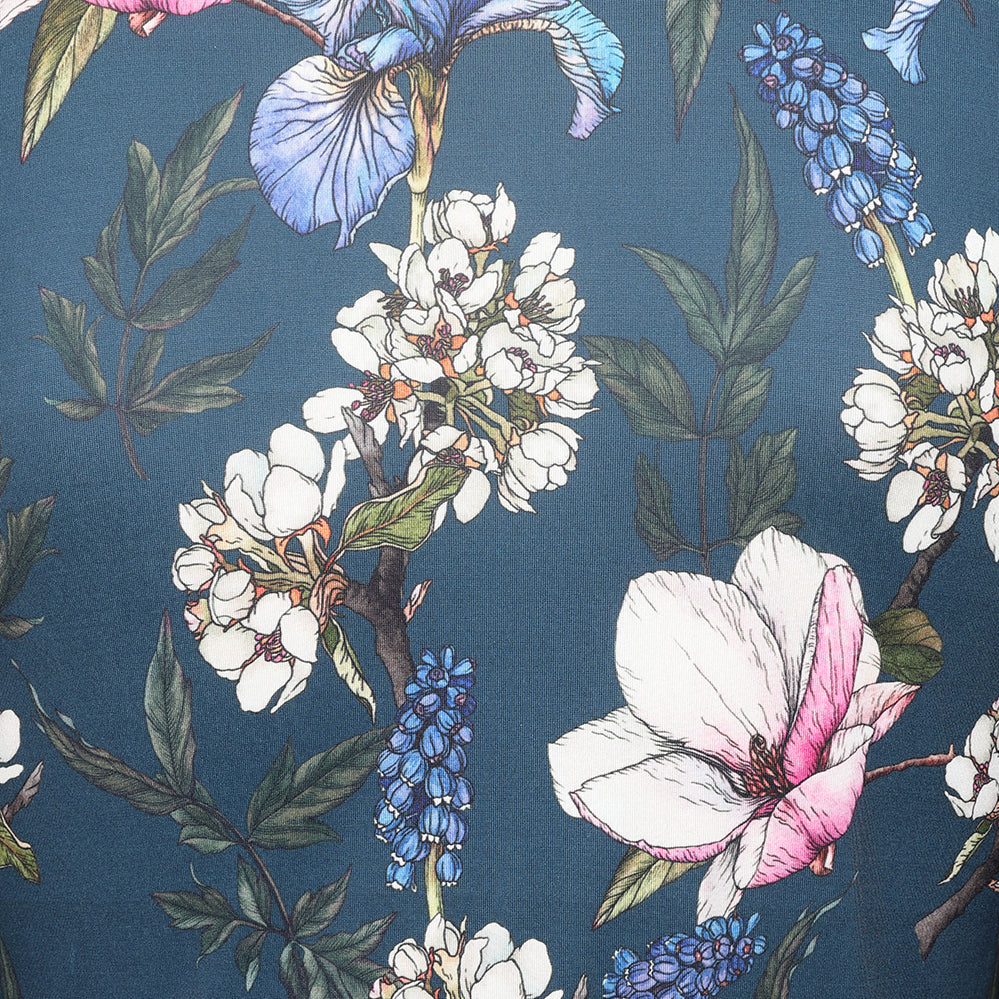 Navy Blue Floral Print Waterfall Sleeve Maxi Dress