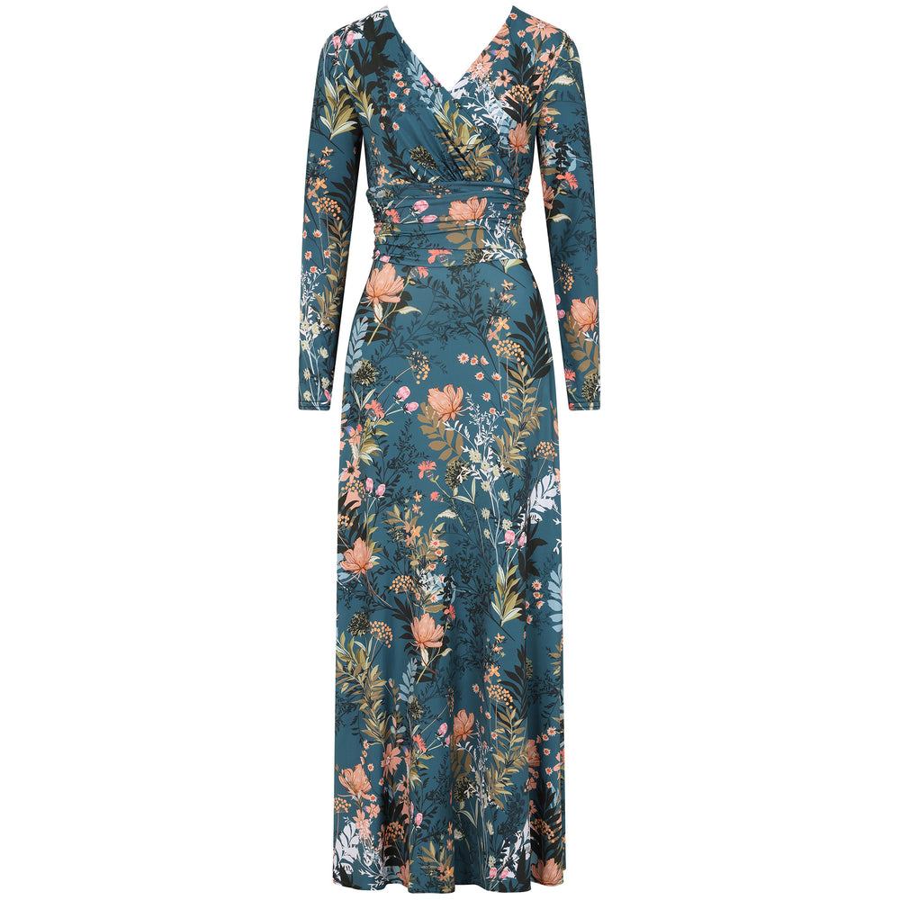 Teal Green Floral Long Sleeve Maxi Wrap Dress
