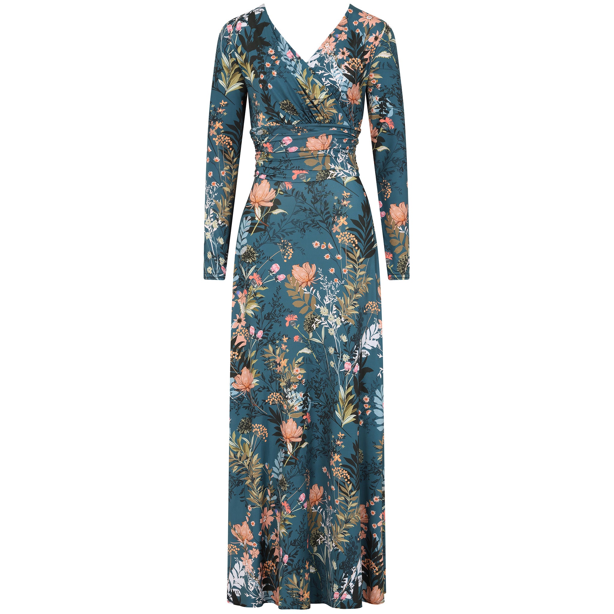 Teal Green Floral Long Sleeve Maxi Wrap Dress