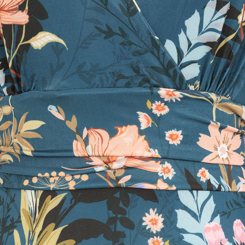 Teal Floral Print Waterfall Sleeve Maxi Dress