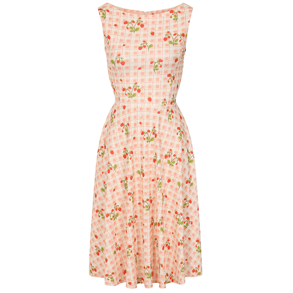 White And Pink Gingham Fruit Strawberry Print Audrey Style 1950s Swing Dress
