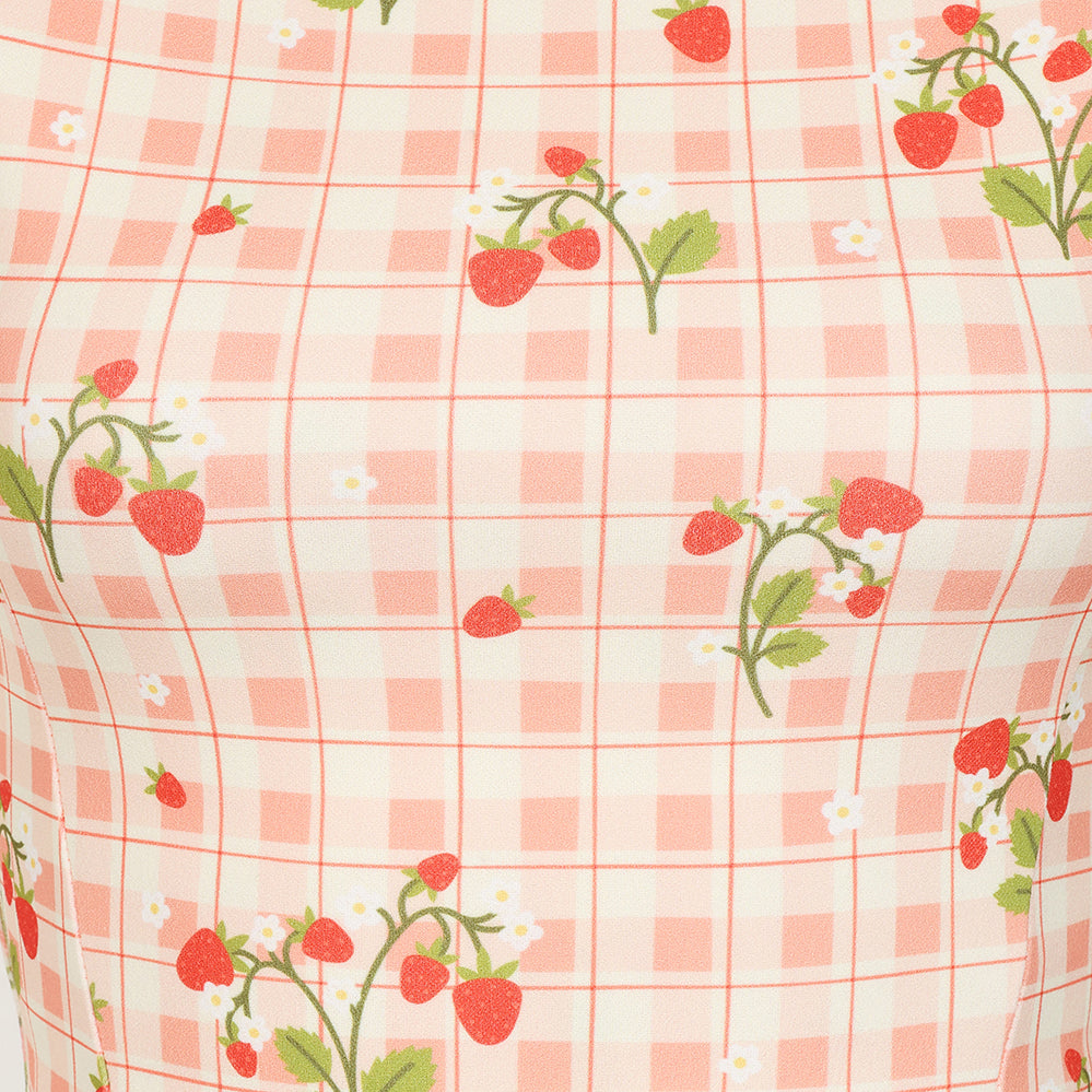 White And Pink Gingham Fruit Strawberry Print Audrey Style 1950s Swing Dress