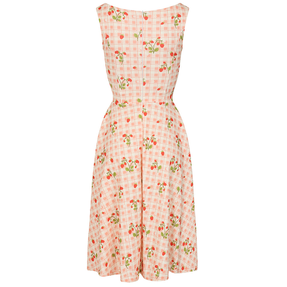 White And Pink Gingham Fruit Strawberry Print Audrey Style 1950s Swing Dress