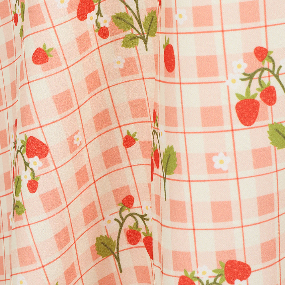 White And Pink Gingham Fruit Strawberry Print Audrey Style 1950s Swing Dress