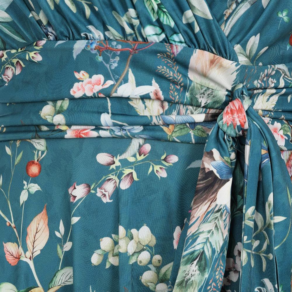 Mid Teal Floral Wildlife V Neck Crossover Top Empire Waist Swing Dress