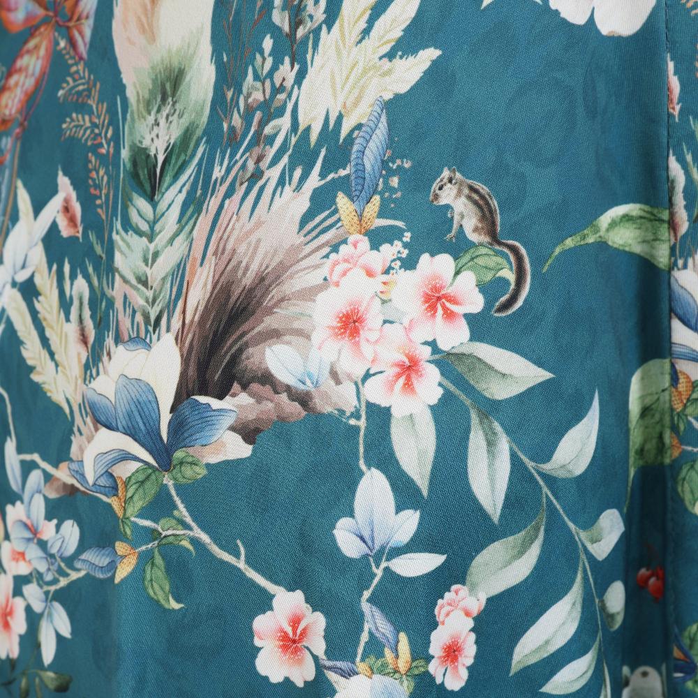 Mid Teal Floral Wildlife V Neck Crossover Top Empire Waist Swing Dress