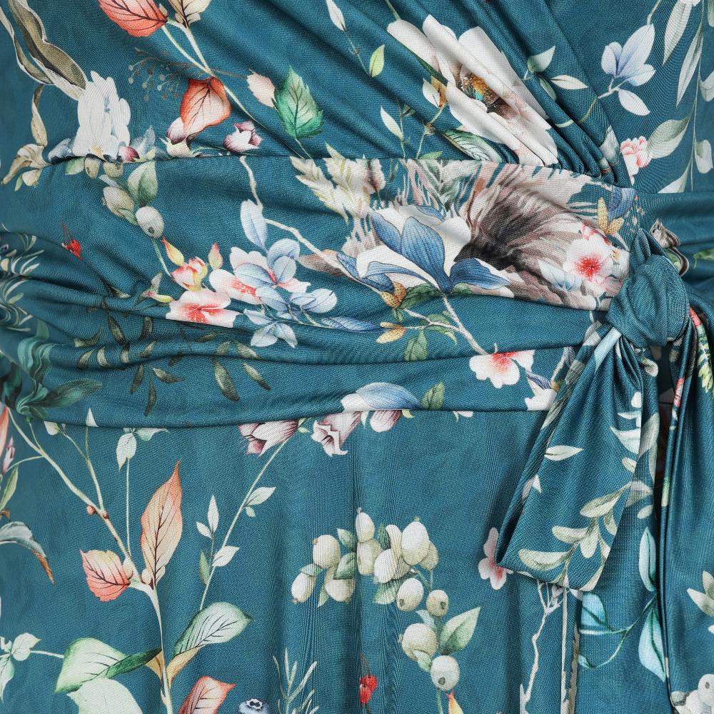 Teal Green Floral Wildlife Print Cap Sleeve V Neck Wrap Top Swing Dress