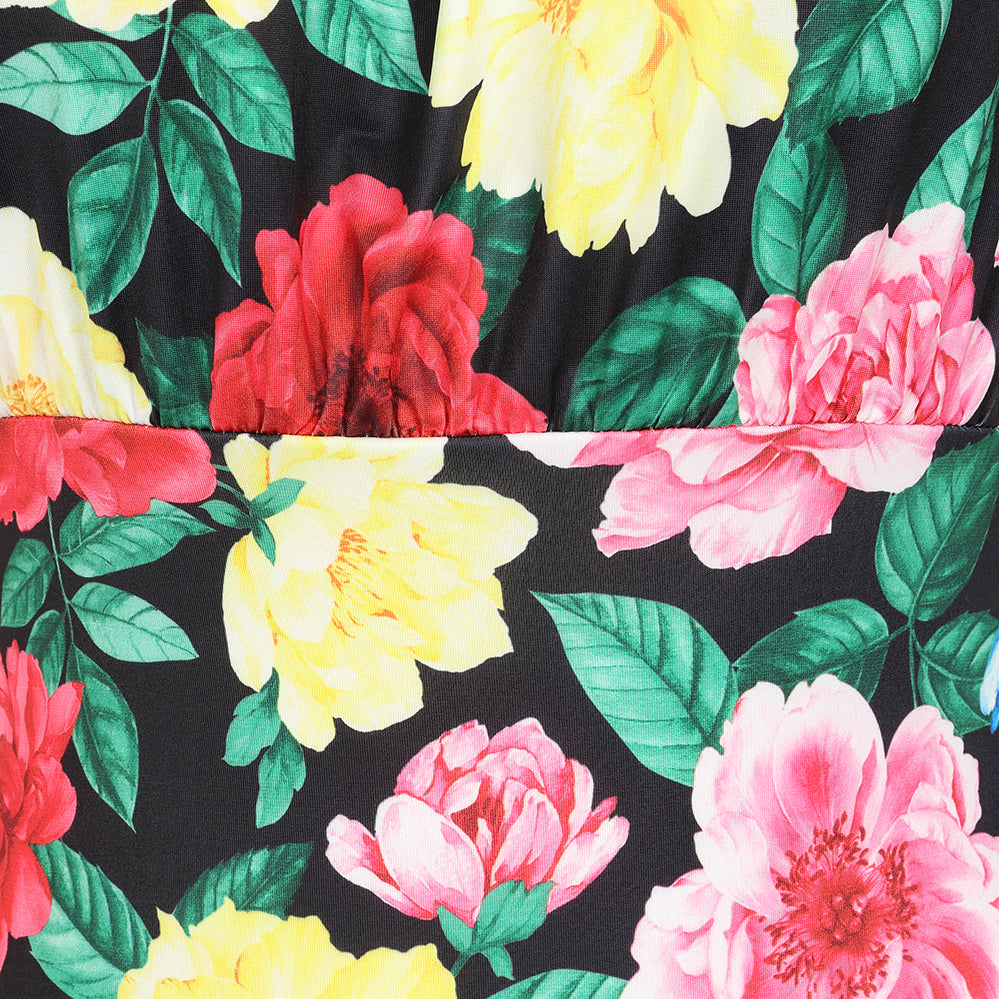 Black Rose Print Elasticated Top Off Shoulder Wiggle Pencil Dress
