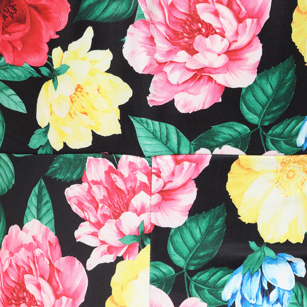 Black Rose Print Elasticated Top Off Shoulder Wiggle Pencil Dress