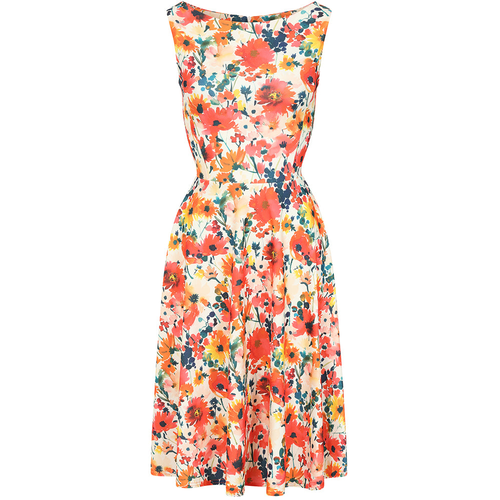 White Orange Poppy Print Audrey Style 1950s Swing Dress