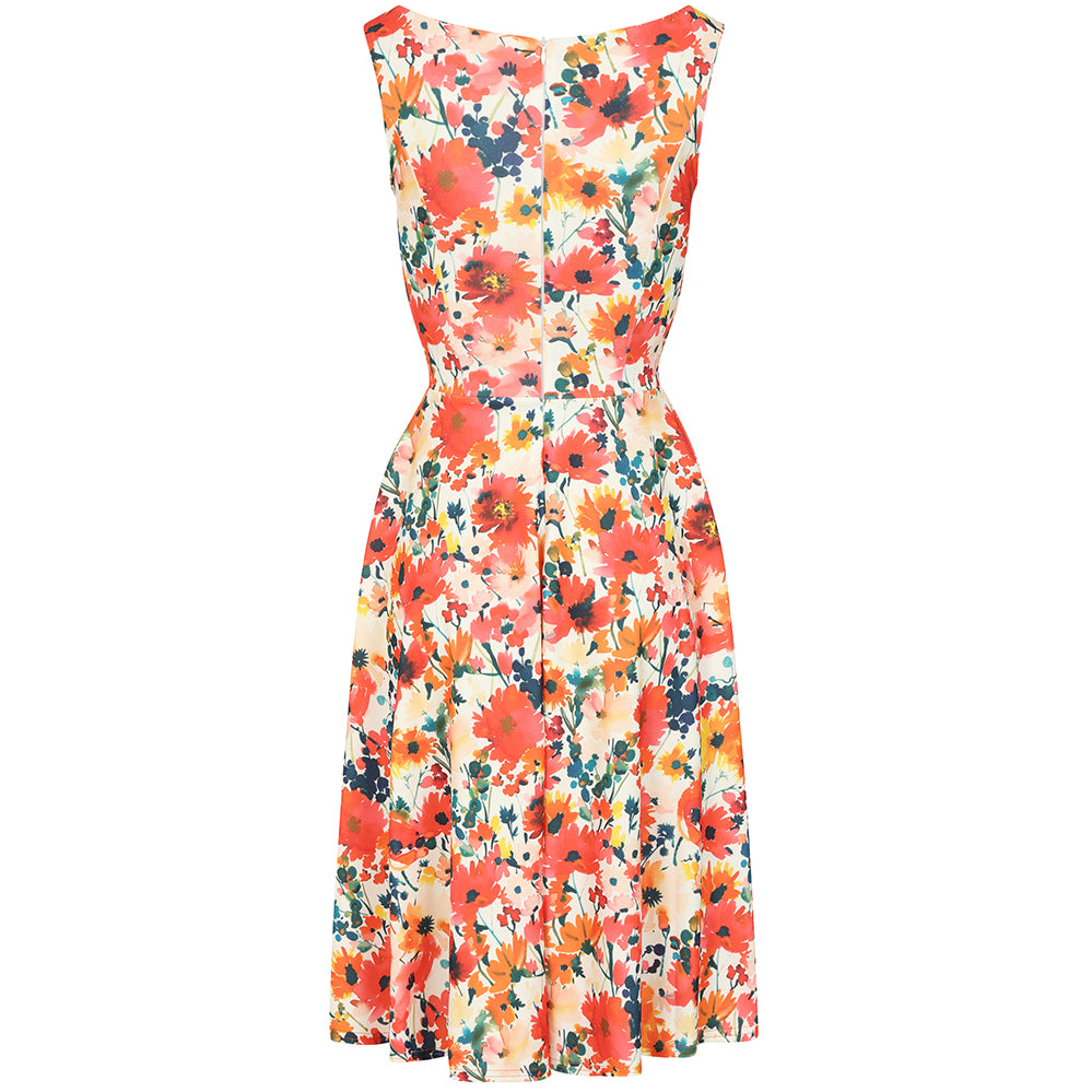 White Orange Poppy Print Audrey Style 1950s Swing Dress
