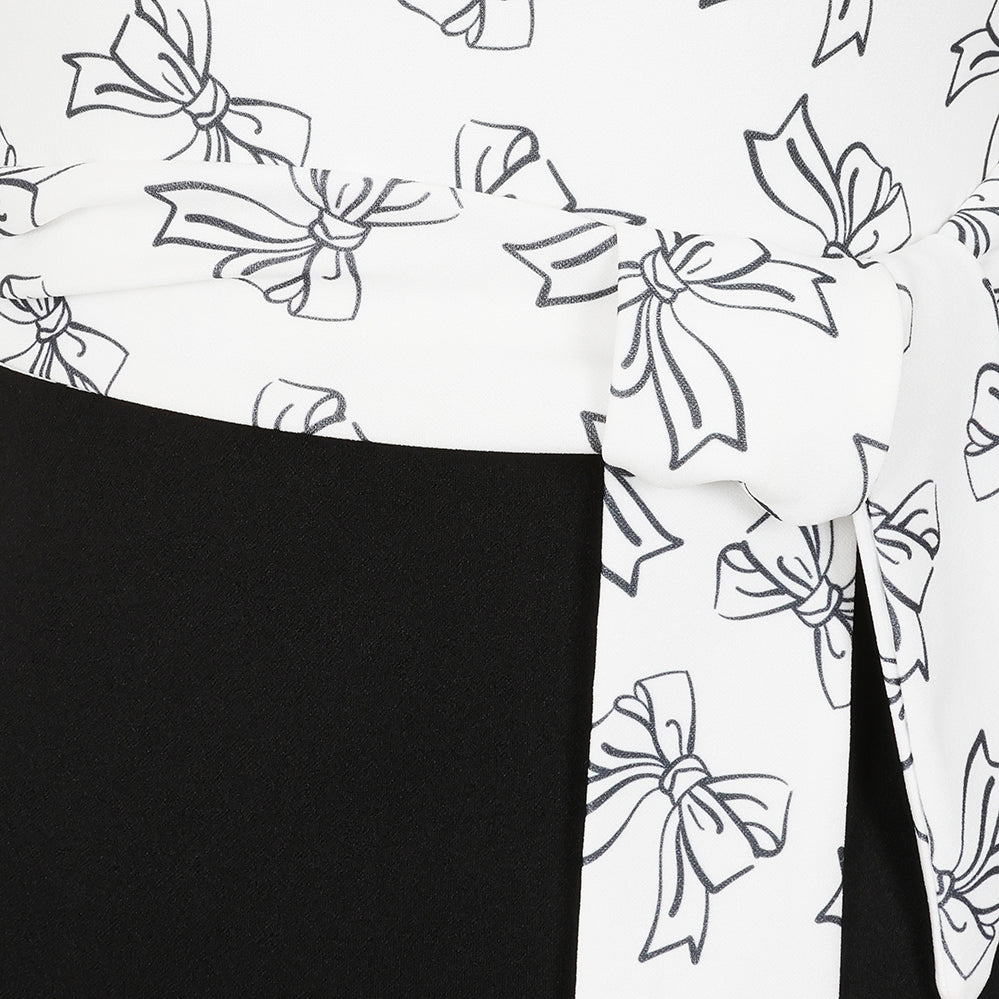 White And Black Bow Print Tie Front Bodycon Midi Dress