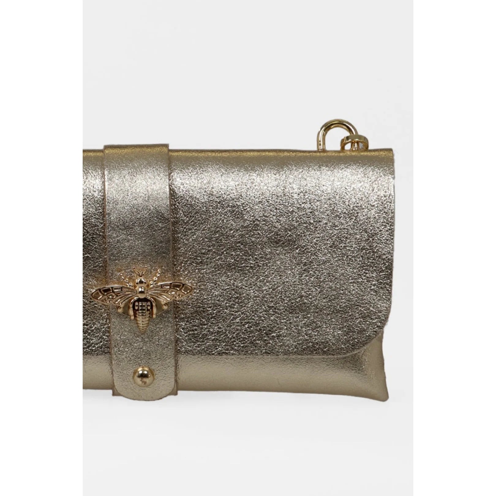 Gold Bee Emblem Metallic Gold Leather Clutch Bag with Gold Chain Strap