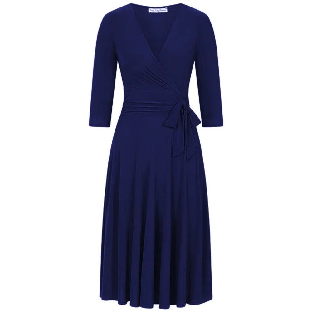 Navy Blue 3/4 Sleeve Wrap Top Vintage Swing Dress