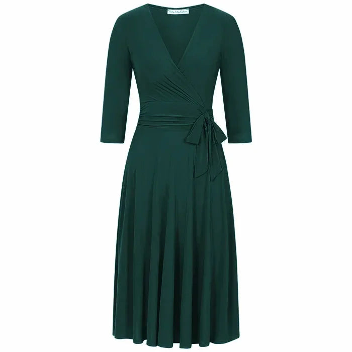 Forest Green 3/4 Sleeve Wrap Top Vintage Swing Dress