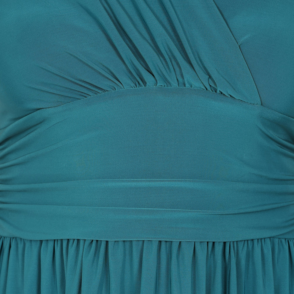 Teal Wrap Top & Pleated Skirt Swing Dress With Butterfly Sleeves