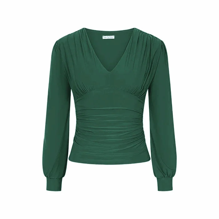 Forest Green Long Sleeve Gathered V Neck Top