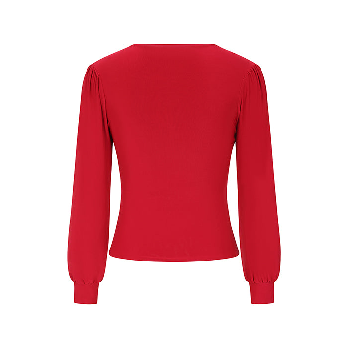 Red Long Sleeve Gathered V Neck Top