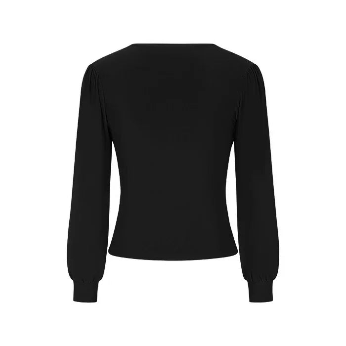 Black Long Sleeve Gathered V Neck Top